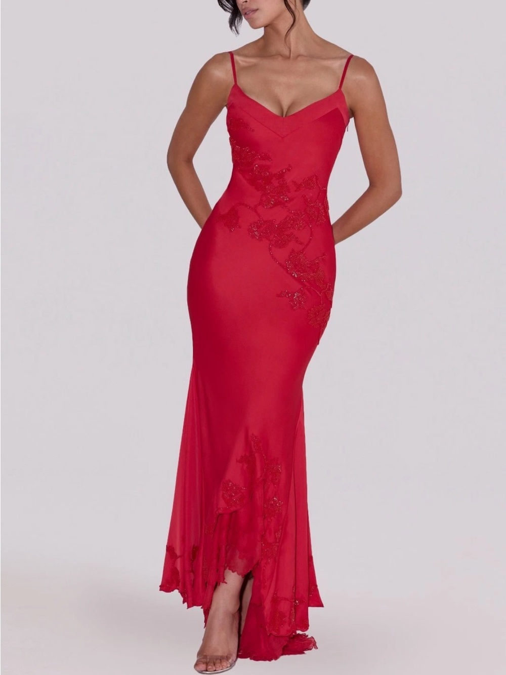 House of CB Anastelle Red hand Beaded embellished satin maxi dress